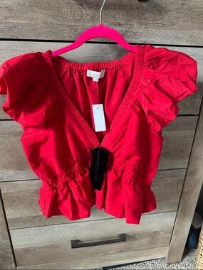 LOFT Bright Red Ruffle Sleeve Peplum V-Neck Top